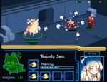  3girls animal_ears battle bird blonde_hair blue_archive brown_hair commentary fake_screenshot flying fox_ears fox_tail gameplay_mechanics halo headband hm_(hmongt) long_hair looking_at_viewer multiple_girls parody poop seia_(blue_archive) serious starcraft sukeban_(smg)_(blue_archive) tail 