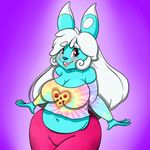  &lt;3 &lt;3_eyes 2017 anthro big_breasts blue_nose blue_skin blush breasts buckteeth cleavage clothed clothing female hair lagomorph long_hair looking_back mammal midriff navel open_mouth pants rabbit red_eyes shirt slightly_chubby smile solo teeth thecurvygeek white_hair white_skin 