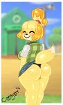 animal_crossing anthro black_clothing black_panties black_underwear canid canine canis cansueny clothed clothing dipstick_tail domestic_dog female hi_res isabelle_(animal_crossing) mammal markings nintendo panties solo tail tail_markings tail_under_skirt tail_upskirt thong underwear upskirt yellow_body