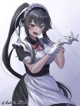  1girl alternate_costume apron batta_no_tsukudani black_dress black_hair commentary_request dress enmaided frilled_apron frills gloves gradient_background grey_background highres kantai_collection long_hair looking_at_viewer maid maid_headdress ponytail red_eyes smile solo standing very_long_hair white_apron white_gloves yahagi_(kancolle) 