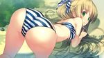  ao_no_kanata_no_four_rhythm ao_no_kanata_no_four_rhythm_-es- asagiri_rinko ass bikini blonde_hair blush breasts covered_nipples game_cg grass green_eyes ground hair_ribbon long_hair looking_at_viewer looking_back ribbon sidelocks small_breasts smile solo striped striped_bikini suzumori sweat swimsuit thighs top-down_bottom-up trefoil 