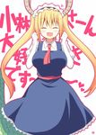  :d ^_^ akane_souichi apron bangs blonde_hair blush breasts closed_eyes collared_shirt dragon_girl dragon_horns dragon_tail elbow_gloves eyebrows_visible_through_hair facing_viewer fang gloves hair_between_eyes hands_up horns kobayashi-san_chi_no_maidragon large_breasts long_hair maid maid_headdress necktie open_mouth puffy_short_sleeves puffy_sleeves red_neckwear shirt short_sleeves simple_background smile solo standing tail tooru_(maidragon) translated twintails very_long_hair white_background white_gloves white_shirt 