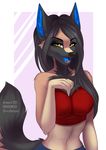  2017 anthro black_hair black_nose blue_tongue canine clothed clothing digital_media_(artwork) dog eyebrows eyelashes female german_shepherd gradiewoof hair looking_at_viewer mammal navel open_mouth smile solo teeth tongue wide_hips yellow_eyes 