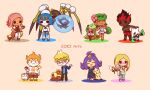  4boys 4girls acerola_(pokemon) alolan_dugtrio alolan_marowak araquanid artist_name belt black_hair blonde_hair blue_dress blue_hair blue_jacket blue_pants blue_shirt blush blush_stickers bone bracelet brown_shorts brown_sweater_vest chibi closed_eyes closed_mouth collared_shirt commentary dark-skinned_female dark-skinned_male dark_skin dress english_commentary eyelashes facepaint fire full_body glasses green_fire green_footwear green_hair green_pants grey-framed_eyewear grey_belt grey_overalls half-closed_eyes hands_up holding holding_bone holding_poke_ball holding_sketchbook ilima_(pokemon) jacket jewelry kiawe_(pokemon) koki_arts lana_(pokemon) long_hair looking_at_viewer mallow_(pokemon) mimikyu mina_(pokemon) molayne_(pokemon) multicolored_hair multiple_boys multiple_girls necklace open_clothes open_jacket open_mouth orange_hair outstretched_arm overalls paint_on_clothes pants pink_hair poke_ball poke_ball_(basic) pokemon pokemon_(creature) pokemon_sm purple_hair red_hair red_shorts ribombee sandals scarf sharp_teeth shirt short_hair short_sleeves shorts simple_background sketchbook sophocles_(pokemon) standing sweater_vest teeth togedemaru topless_male tsareena twintails two-tone_hair white_pants white_shirt yellow_scarf yungoos 
