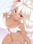  adjusting_clothes adjusting_swimsuit ahoge bare_shoulders bikini blush breasts cleavage collarbone dark_skin eyebrows_visible_through_hair flower from_above granblue_fantasy hair_between_eyes hair_flower hair_ornament large_breasts long_hair looking_at_viewer looking_up navel open_mouth racer_(magnet) red_eyes shiny shiny_skin sitting solo swimsuit wardrobe_malfunction white_bikini_top white_hair zooey_(granblue_fantasy) 