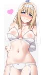  1girl absurdres arms_behind_back bare_shoulders blonde_hair blue_eyes blush bra breasts bridal_veil choker cleavage closed_mouth collarbone commentary_request commission cowboy_shot detached_sleeves garter_straps hairband heart highres large_breasts long_sleeves looking_at_viewer nasuno_(nasuno42) navel nipples original panties pixiv_commission see-through_bra see-through_clothes simple_background smile solo underwear underwear_only veil white_background white_bra white_choker white_hairband white_panties 