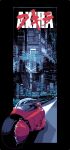  1boy akira_(manga) black_hair building copyright_name cyberpunk electricity gloves goggles goggles_on_head highres kaneda_shoutarou&#039;s_bike kaneda_shoutarou_(akira) lamppost male_focus motor_vehicle motorcycle pixel_art red_gloves riding short_hair skyscraper solo winomas 