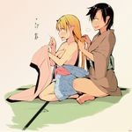 black_hair blonde_hair breasts highres holding_needle horns kisen_shijima large_breasts long_hair multiple_girls needle oni open_mouth sewing sewing_needle short_hair sideboob tatami thread topless 