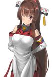 ao_iro apron breasts brown_hair detached_sleeves flower hair_flower hair_ornament headgear highres kantai_collection large_breasts long_hair one_eye_closed red_eyes smile solo tying tying_apron very_long_hair yamato_(kantai_collection) 