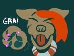 2025 4:3 ambiguous_gender anthro bracelet canid caves_of_qud claws eyes_closed flat_colors flesh_fang green_background green_pawpads groaho_(marikedrawinge) hair hi_res jewelry lineless mammal marikedrawinge necklace open_mouth orange_hair pawpads paws pink_claws simple_background snapjaw_(caves_of_qud) snout solo text tongue vocalization