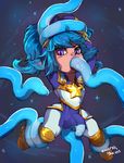  1girl armor arms_up blue_eyes blue_hair blush boots breasts fang fellatio full_body highres league_of_legends lips looking_at_viewer open_mouth oral pelvic_curtain penis_tentacles pointy_ears poppy poppy_(league_of_legends) restrained solo spread_legs star_guardian_poppy tentacle tentacles_under_clothes thighs twintails yordle 