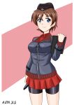  1girl akaboshi_koume bike_shorts bike_shorts_under_skirt black_hat black_jacket blue_eyes breasts brown_hair closed_mouth collared_shirt curly_hair garrison_cap girls_und_panzer girls_und_panzer_ribbon_no_musha hat highres holding_board jacket kuromorimine_military_uniform large_breasts miniskirt nspa_(spa-jcs) red_shirt red_skirt shirt short_hair signature skirt smile track_jacket 
