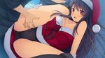  1girl akinashi_yuu ao_no_kanata_no_four_rhythm ao_no_kanata_no_four_rhythm_-es- bare_shoulders black_hair black_panties blush breast_press breasts cameltoe choker christmas cleavage game_cg highres large_breasts leg_up legs long_hair looking_at_viewer lying on_back open_mouth outdoors panties red_eyes santa_hat solo_focus spread_legs suzumori thigh_boots thighs tobisawa_misaki underwear 