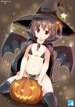  artist_name black_bra black_legwear black_panties black_wings bow bow_bra bow_panties bra breasts brown_hair cape circle_name commentary demon_girl demon_tail demon_wings dutch_angle hair_ornament halloween hat jack-o'-lantern jack-o'-lantern_hair_ornament kisaragi_miyu kneeling lace lace-trimmed_panties lace-trimmed_thighhighs looking_at_viewer micro_bra one_side_up original panties parted_lips red_eyes short_hair small_breasts solo star straddling string_panties tail thighhighs twitter_username underwear wings witch_hat 