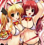  animal_ears arm_up asymmetrical_docking bell bikini blonde_hair bow bowtie breast_press breasts cat_ears cat_tail cropped dessert detached_collar drink fang food green_eyes halter_top halterneck holding jingle_bell large_breasts long_hair looking_at_viewer multiple_girls navel open_mouth prism_recollection! red_eyes red_hair renjou_sayaka ribbon shintarou side-tie_bikini sidelocks swimsuit tail tray twintails uisaki_hinano wings 