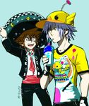  aqua_background aqua_eyes blue_eyes brown_hair company_connection cup disposable_cup drinking drinking_straw final_fantasy final_fantasy_xv gloves grey_hair hat kingdom_hearts male_focus mariachi multiple_boys raw_gummy riku shirt simple_background smile sombrero sora_(kingdom_hearts) sparkle sparkling_eyes spiked_hair square_enix symbol-shaped_pupils t-shirt twitter_username 