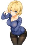  black_legwear blonde_hair blue_eyes blue_sweater braid breasts cleavage collarbone covered_nipples darjeeling eyebrows_visible_through_hair girls_und_panzer hair_between_eyes hair_bun highres kyokucho large_breasts long_hair looking_at_viewer nipples no_pants pantyhose simple_background smile solo sweater thigh_gap thighs white_background 