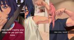  2girls biceps blue_eyes blue_hair flexing highres hololive hololive_english medium_hair mori_calliope multiple_girls muscular muscular_female ouro_kronii photo_background pink_hair red_eyes shirt skibidan t-shirt tiktok toned 