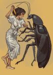  1girl absurdres ancient_egyptian ancient_egyptian_clothes antennae barefoot black_hair breasts bug clenched_teeth cockroach covered_nipples dark-skinned_female dark_skin dress fighting fine_art_parody from_side giant_insect highres holding holding_knife knife medium_breasts mossacannibalis no_bra original parody reverse_grip teeth white_dress yellow_background 