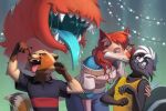 ahya_(legend_of_ahya) anthro canid canine canis clothing eyewear female flustered flustered_male glasses glasses_off goofy_smile group hi_res jewelry kissing kissing_cheek laugh legend_of_ahya male mammal max_thrash mephitid necklace nibbling procyonid raccoon shirt sibling_(lore) size_difference skunk steven_stinkman sweater tail tail_mouth taylor_renee_wolford_(darkflamewolf) tongue tongue_out topwear unusual_anatomy unusual_tail val-q wearing_glasses wolf