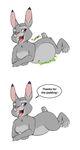  ambiguous_gender anthro chubbyjam digestion disney english_text female female/ambiguous female_pred happy_pred invalid_tag judy_hopps lagomorph looking_back lying mammal overweight post_vore rabbit saliva signature simple_background teeth text throat tongue video_games vore weight_gain zootopia 