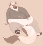  anthro arm_support barefoot belly big_belly brown_fur canine claws clothed clothing dog fur german_shepherd love_handles makogu male mammal midriff obese obese_male overweight overweight_male pawpads simple_background solo sweater tan_fur thick_thighs toe_claws torn_clothing 