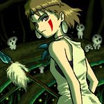  bare_arms brown_eyes brown_hair earrings facepaint facial_mark headband jewelry kodama lowres mononoke_hime mori_no_kuma-san necklace oekaki pixel_art san short_hair solo studio_ghibli weapon 