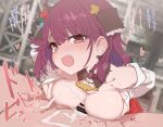  1boy 1girl atelier_(series) atelier_sophie bar_censor black_ribbon blurry blurry_background blush braid breasts censored cum cum_on_self ejaculation fang hair_ribbon hetero large_breasts nipples open_mouth paizuri penis red_eyes red_hair ribbon single_braid solo_focus sophie_neuenmuller sumiyao_(amam) sweat translation_request 