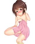  alternate_hairstyle areola_slip areolae bad_id bad_pixiv_id bangs barefoot blush breasts brown_eyes closed_mouth collarbone embarrassed hair_tucking head_tilt highres kono_subarashii_sekai_ni_shukufuku_wo! looking_at_viewer megumin naked_towel pink_towel ponytail red_eyes revision shiny shiny_hair shiny_skin short_hair simple_background sitting small_breasts solo towel wet wet_hair white_background yuruto 