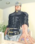  abs aqua_eyes belt black_hair blurry candle chair coat coat_removed depth_of_field foreshortening hand_in_pocket hat_over_one_eye highres iroha_(akei0710) jojo_no_kimyou_na_bouken kuujou_joutarou male_focus paper plant smoke solo turtleneck veins 