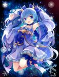  :d artist_name bangs blue_eyes blue_hair bow detached_sleeves dress earrings eyebrows_visible_through_hair frilled_dress frills full_body hair_bow hair_ornament hairclip hatsune_miku highres holding holding_wand jewelry leg_garter legs_up long_hair looking_at_viewer midair no_socks open_mouth puracotte shoes smile snowflakes solo star treble_clef twintails very_long_hair vocaloid wand yuki_miku 
