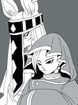  2boys beerus deity dragon_ball dragon_ball_super earrings hakaishin hood kaioushin male_focus monochrome multiple_boys no_humans robe serious 