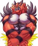  2017 abs anthro biceps big_muscles black_fur fangs feline fire fur green_eyes incineroar istani looking_at_viewer male mammal muscular muscular_male nintendo nipples pecs pok&eacute;mon red_fur sharp_teeth simple_background smile solo stripes teeth tiger video_games white_background 