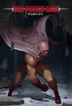  artist_name bald bodysuit boots cape copyright_name debris full_body gloves in-hyuk_lee male_focus muscle one-punch_man realistic red_footwear red_gloves saitama_(one-punch_man) shadow signature skin_tight solo veins 