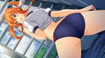  1girl akinashi_yuu ao_no_kanata_no_four_rhythm ao_no_kanata_no_four_rhythm_-es- ass backboob bloomers blush breasts buruma clouds day from_behind game_cg green_eyes gym_uniform highres legs looking_back lying no_bra open_mouth orange_hair outdoors shirt_lift sky solo_focus stairs standing suzumori thighs twintails 