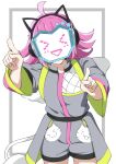  &gt;_&lt; 1girl :d absurdres ahoge blunt_bangs blunt_ends commentary cowboy_shot facing_viewer grey_jumpsuit highres index_fingers_raised jumpsuit kishimen_hair long_sleeves love_live! love_live!_nijigasaki_high_school_idol_club masked medium_hair pink_hair rina-chan_board short_jumpsuit simple_background smile solo tennoji_rina tsunagaru_connect_(love_live!) uchuu_no_mozuku white_background xd 