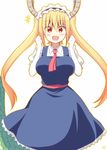  :d akane_souichi apron bangs blonde_hair blush breasts brown_eyes collared_shirt dragon_girl dragon_horns dragon_tail elbow_gloves eyebrows_visible_through_hair fang gloves hair_between_eyes hands_up horns kobayashi-san_chi_no_maidragon large_breasts long_hair looking_at_viewer maid maid_headdress necktie open_mouth puffy_short_sleeves puffy_sleeves red_neckwear shirt short_sleeves simple_background smile solo standing tail tooru_(maidragon) twintails very_long_hair white_background white_gloves white_shirt 