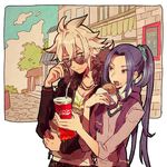  assassin_(fate/stay_night) blue_eyes dark_skin dark_skinned_male fate/apocrypha fate/grand_order fate/stay_night fate_(series) food hamburger long_hair male_focus miyoshi_(m-mallow) multiple_boys open_mouth ponytail siegfried_(fate) sunglasses white_hair 