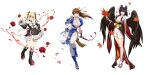  3girls artist_request black_dress black_hair black_kimono blonde_hair blue_kimono blunt_bangs breasts brown_hair cleavage dead_or_alive dress feathered_wings full_body geta hat highres japanese_clothes kasumi_(doa) kimono langrisser leaf_fan looking_at_viewer marie_rose mole mole_under_mouth multiple_girls ninja nyotengu purple_eyes simple_background solo tokin_hat twintails white_background wings 