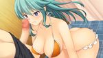  1girl akinashi_yuu ao_no_kanata_no_four_rhythm ao_no_kanata_no_four_rhythm_-es- ass bare_arms bare_legs bare_shoulders bikini blush breasts butt_crack censored dutch_angle erection game_cg green_hair highres indoors kneeling large_breasts long_hair looking_at_another mosaic_censoring penis purple_eyes solo_focus standing suzumori 