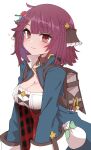  1girl atelier_(series) atelier_sophie backpack bag blue_jacket breasts cleavage highres jacket large_breasts long_sleeves looking_at_viewer red_eyes red_hair short_hair simple_background solo sophie_neuenmuller sumiyao_(amam) white_background 