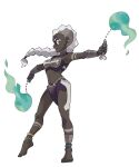  1girl absurdres alolan_marowak anklet bandeau barefoot bead_anklet beads blue_fire blue_nails bodypaint bone bracelet braid braided_ponytail brown_eyes colored_eyelashes dark-skinned_female dark_skin ear_piercing facial_mark fingernails fire full_body gold_anklet hands_up highres holding holding_bone jewelry long_fingernails long_hair looking_at_viewer multiple_anklets nail_polish outstretched_arms personification piercing pokemon profile purple_bandeau rgreywind sideways_glance single_braid smile solo spread_arms standing standing_on_one_leg strapless toenail_polish toenails tube_top white_hair 