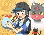  backpack bag bangs baseball_cap black_hair black_hat emphasis_lines gen_7_pokemon grey_eyes grubbin hat holding holding_pokemon litten lowres male_focus natsuno_hamuto orange_background pokemon pokemon_(creature) pokemon_(game) pokemon_sm shirt simple_background smile solo striped striped_shirt swept_bangs t-shirt trembling upper_body wavy_mouth you_(pokemon) 