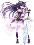  armor armored_dress bow choker date_a_live dress eyebrows_visible_through_hair full_body gloves hair_between_eyes hair_bow highres long_hair looking_at_viewer pauldrons ponytail purple_eyes purple_hair serious solo standing sword transparent_background tsunako very_long_hair weapon yatogami_tooka 