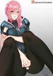  1girl armor artist_name blush crotch_cutout eyebrows_visible_through_hair final_fantasy final_fantasy_xiii fingering green_eyes lightning_farron masturbation pantyhose parted_lips patreon pink_hair pussy pussy_juice simple_background sitting solo tofuubear torn_pantyhose 