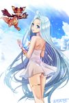  ahoge ass bare_shoulders blue_eyes blue_hair breasts choker cowboy_shot day dragon dress from_behind granblue_fantasy highres long_hair looking_at_viewer lyria_(granblue_fantasy) no_panties omoomomo open_mouth short_dress small_breasts solo thigh_strap thighs vee_(granblue_fantasy) very_long_hair white_dress 