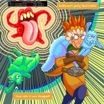 2025 after_transformation ambiguous_gender anime_eyes anime_style anthro belt belt_buckle blue_body blue_bottomwear blue_clothing blue_fur blue_pants blue_wool bottomwear bovid brown_body brown_clothing brown_gloves brown_handwear brown_skin buckle caprine carrying_another carrying_partner clothing curse detailed_background dialogue dialogue_box digital_drawing_(artwork) digital_media_(artwork) english_text feral fur gameplay_mechanics glistening glistening_eyelids glistening_nose gloves green_body green_fur green_kerchief green_wool group hair half-closed_eyes handwear hi_res hooves human implied_transformation jrpg kerchief lying magic magic_effects magic_user male mammal monster narrowed_eyes on_back open_mouth orange_outfit pants pixel_(artwork) scared scared_expression scared_face schreckengast sheep status_effect tail teeth texas text tongue tongue_out uvula video_game_reference wool_(fur)