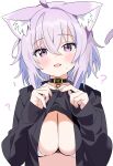  1girl ? absurdres ahoge animal_ears belt belt_collar black_belt black_choker black_collar black_hoodie blush bra breasts cat_choker cat_ears cat_girl cat_tail choker clothes_lift collar fang fingernails flying_sweatdrops highres hololive hood hoodie hoodie_lift huge_breasts hutaba_haru lifting_own_clothes long_sleeves looking_at_viewer medium_hair nekomata_okayu nekomata_okayu_(1st_costume) open_mouth purple_eyes purple_hair purple_tail simple_background sleeves_past_wrists smile solo sweatdrop tail underwear virtual_youtuber white_background white_bra 