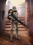  1boy armor city day full_body gun helmet holding holding_gun holding_weapon looking_at_viewer outdoors richard_philpott science_fiction signature solo standing star_wars stormtrooper weapon white_armor 