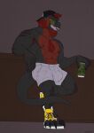 abs absurd_res alcohol anthro armpit_hair backwards_baseball_cap backwards_hat baseball_cap beer beverage beverage_can biceps body_hair bottomwear bulge butt can claws clothing container dinosaur footwear hair hair_through_hat hat headgear headwear hi_res holding_can holding_container holding_object leaning_on_counter looking_at_viewer male muscular muscular_anthro muscular_male nipples papyreit pecs prehistoric_species reptile scales scalie shirtless shirtless_anthro shirtless_male shoes shorts smile smiling_at_viewer sneakers solo tagg tail teeth tongue